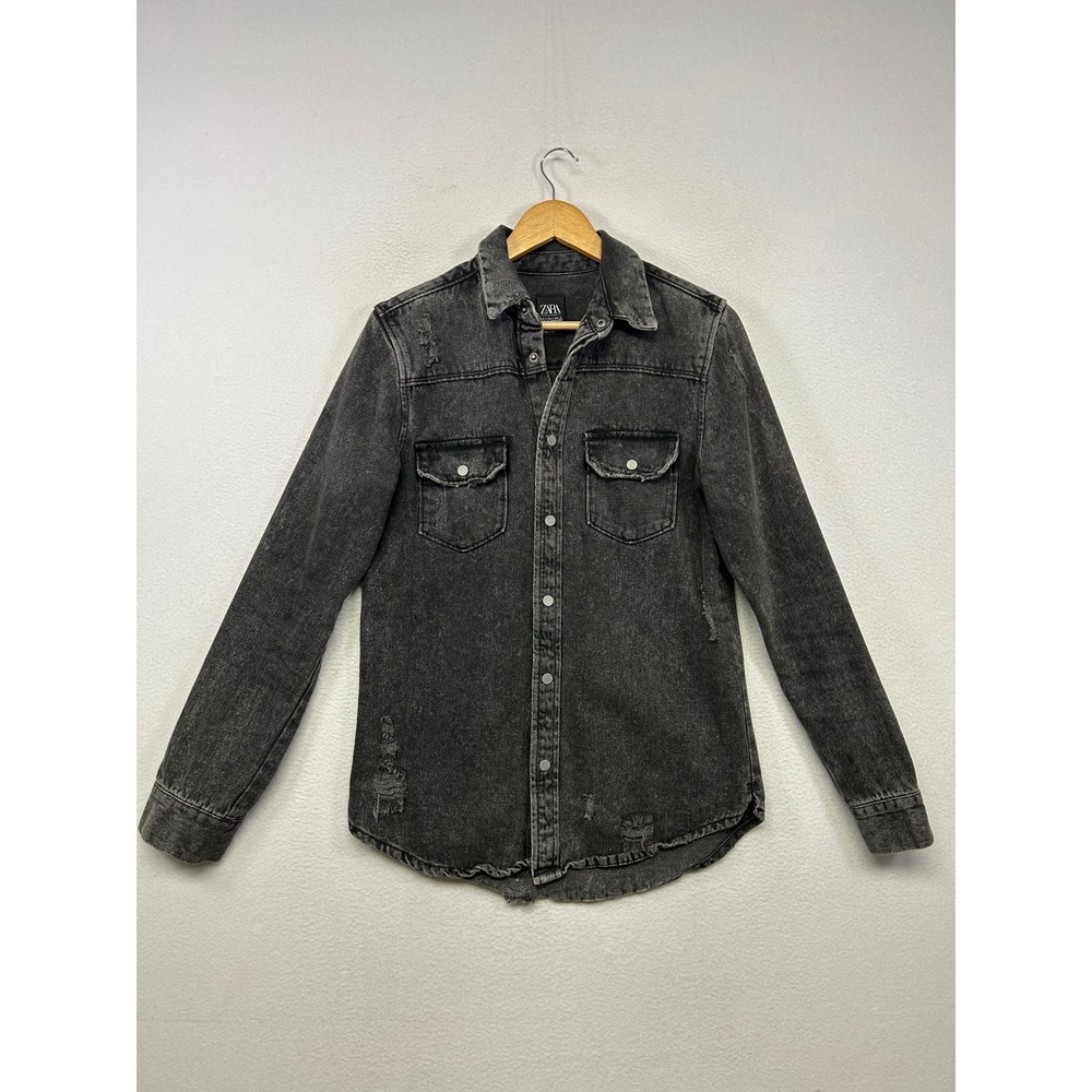 Grunge Zara Mens Small Black Distressed Relaxed Fit Denim Snap Button Shirt
